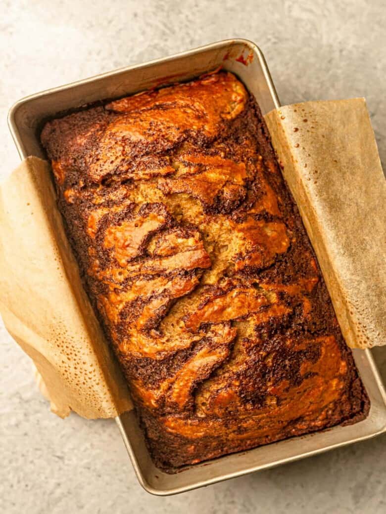 Banana bread in a loaf pan.