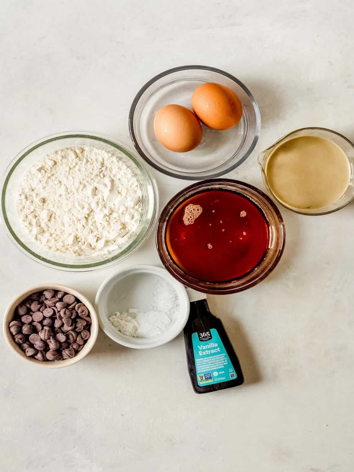 Ingredients measured out in glass bowls.