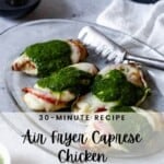 caprese chicken on a platter pinterest pin