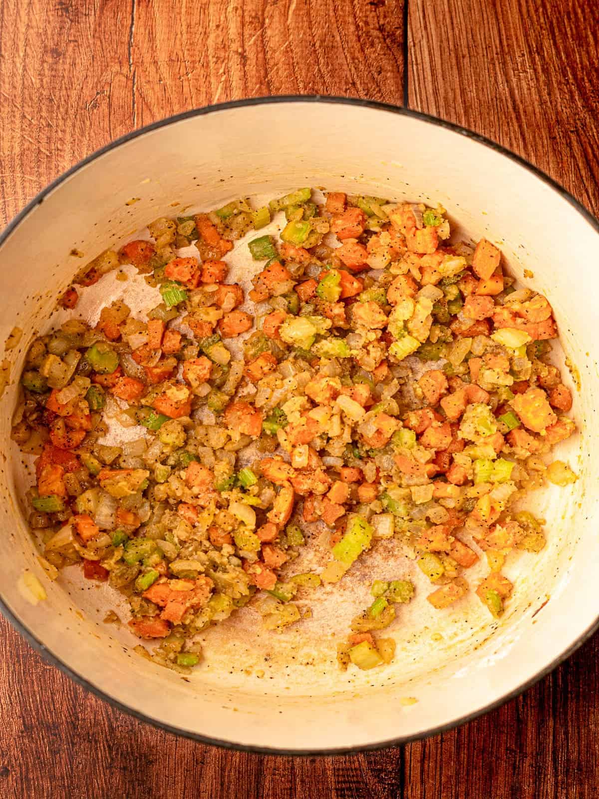 Cooked vegetables in a large pot.