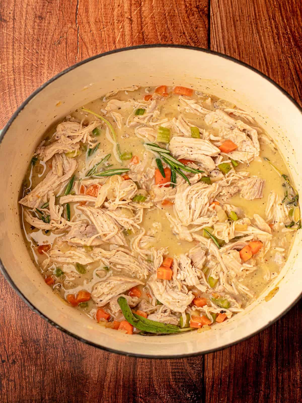 A large pot filled with turkey and vegetables.
