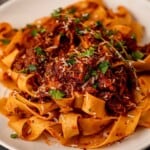 Short rib ragu pasta on a plate.