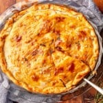 Sliced steak and onion pie.