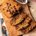 Slices of chocolate chip banana bread on a cutting board.