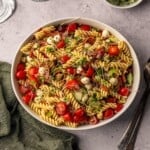 Rotini pasta salad in a bowl.