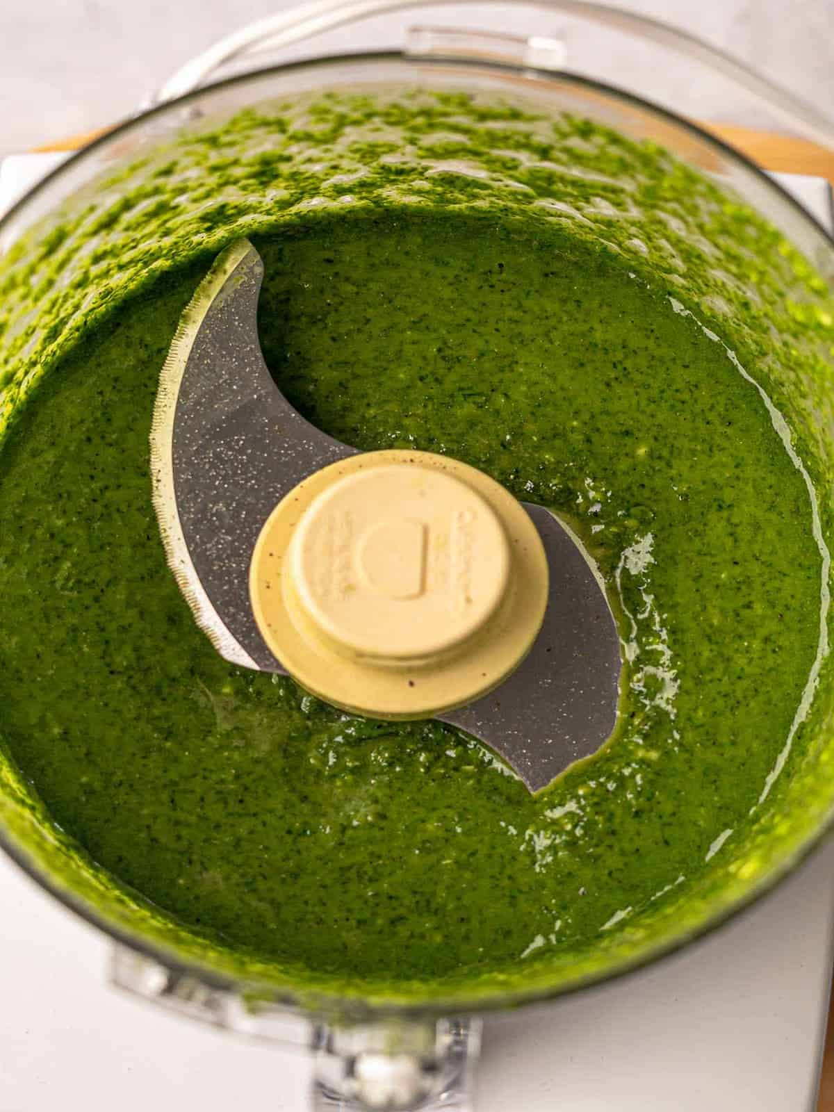 Pesto in a food processor.