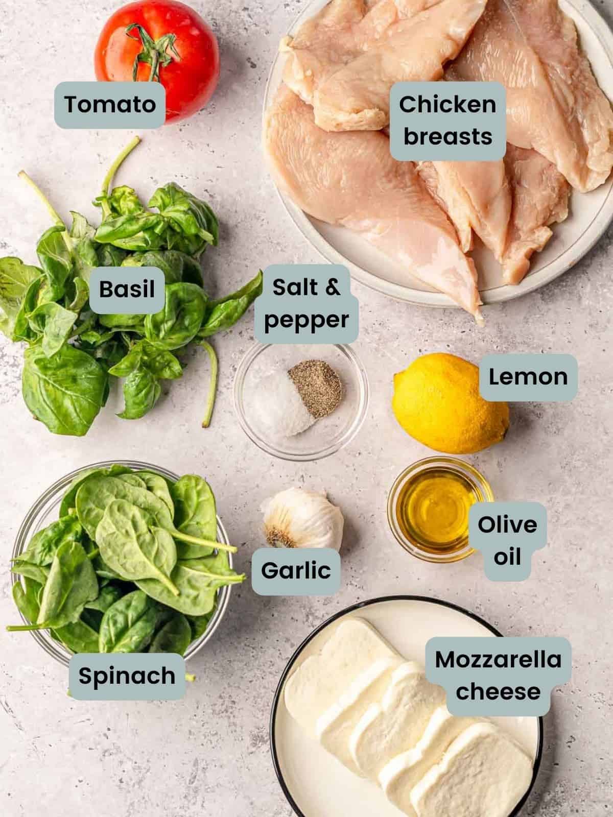Ingredients in Caprese chicken.