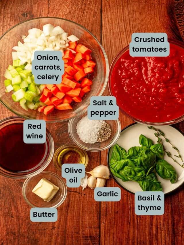 Ingredients for authentic Italian tomato sauce including canned tomatoes, garlic, onion, and fresh basil