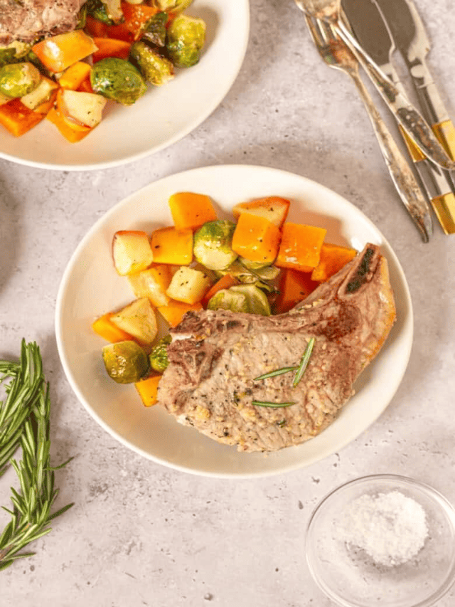 Pork Chops Sheet Pan Dinner with Apples and Brussels Sprouts Story