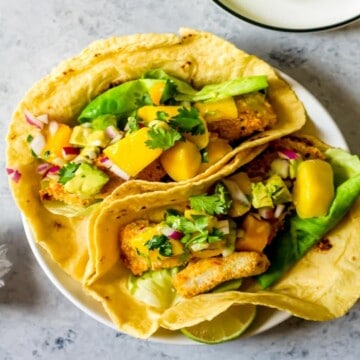 Fish tacos with mango salsa.