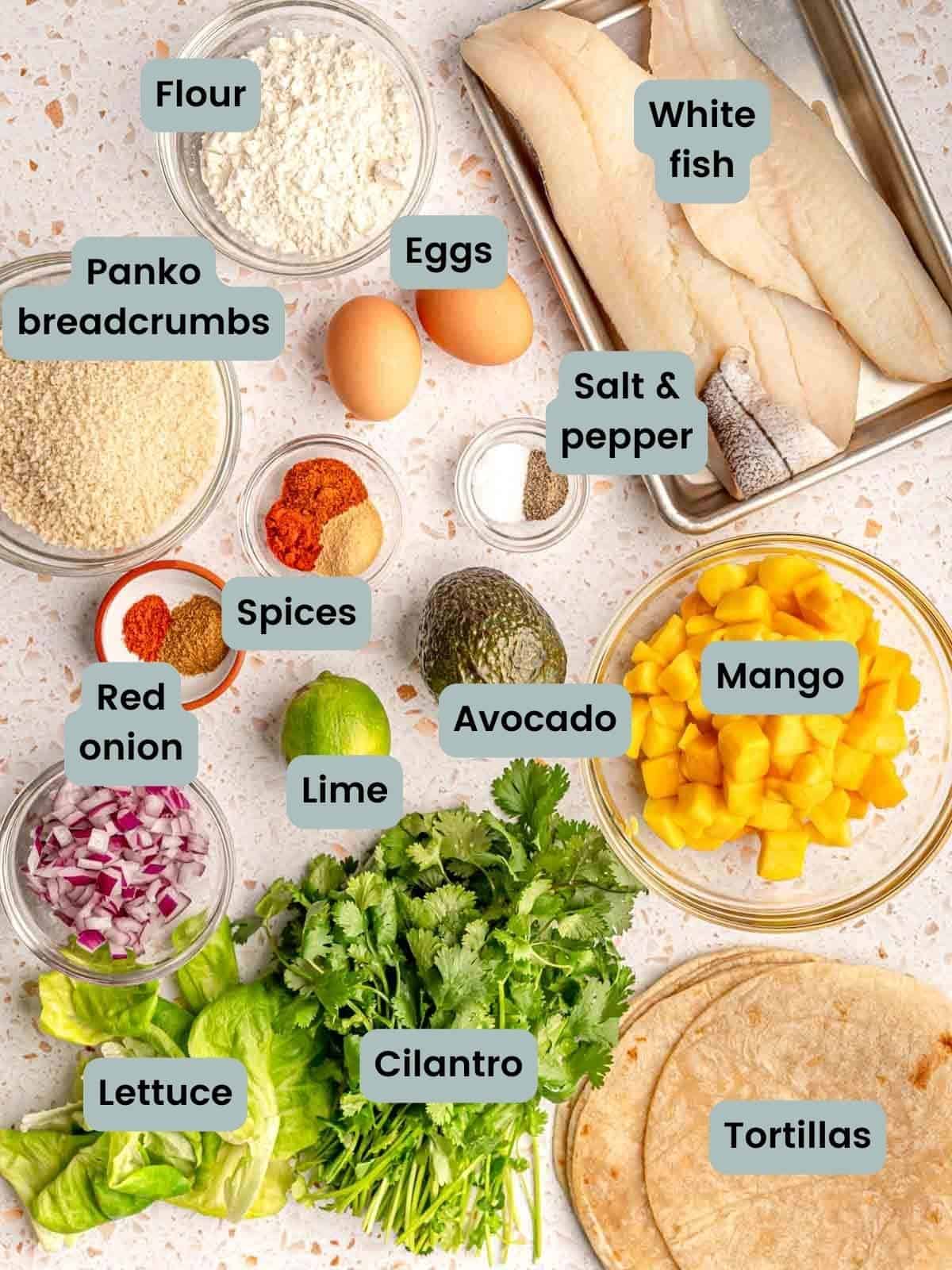 Ingredients in fish tacos with mango salsa.