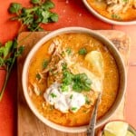 Instant pot white chicken chili in a bowl.