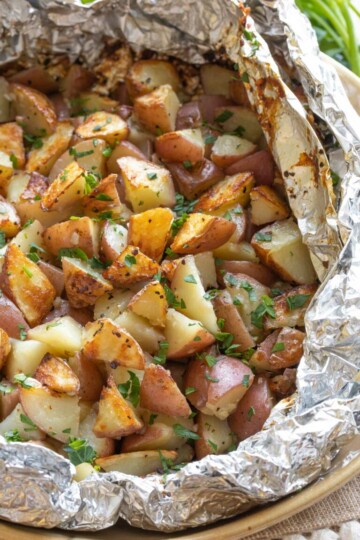 Grilled potatoes in foil.