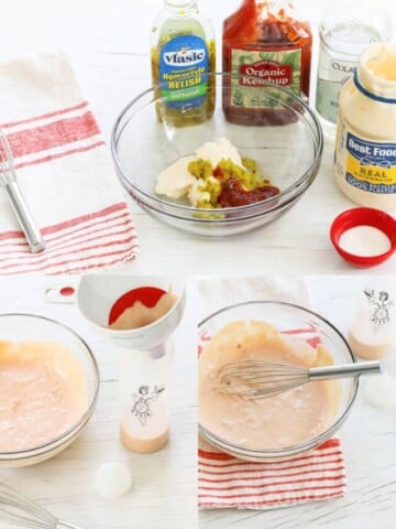 Relish, ketchup, mayonnaise, white vinegar in a clear bowl.