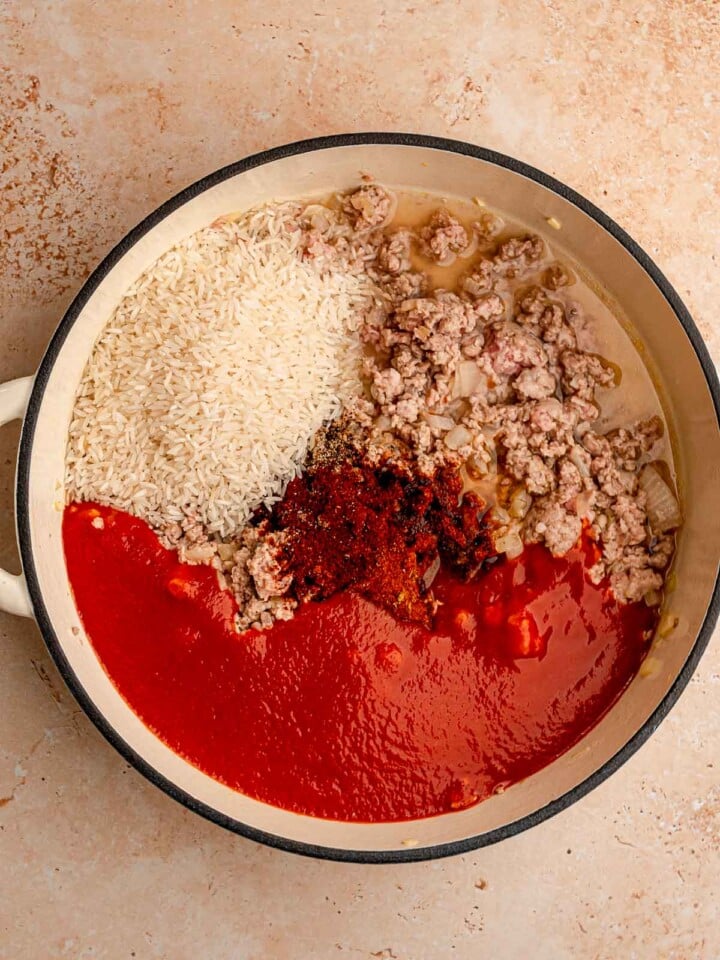 Stuffed pepper filling in a pan.