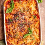 Pasta al forno in a casserole dish.
