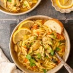Bone-in chicken soup with orzo and lemon.