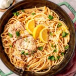 Lemon chicken pasta, garnished with grated parmesan and lemon slices.