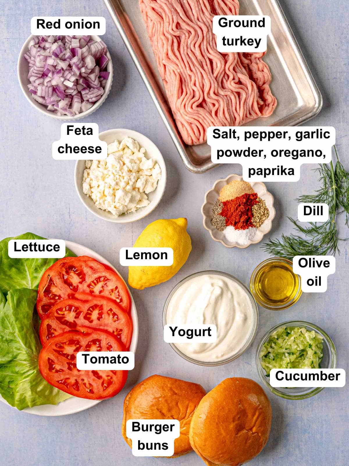 Flat lay of labeled ingredients for Greek turkey burgers including ground turkey, feta, red onion, tomato, and yogurt."