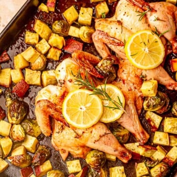 Crispy roasted Cornish hens topped with lemon and rosemary, served with Brussels sprouts and roasted sweet potatoes.
