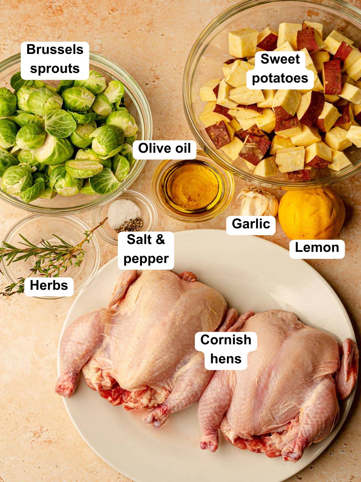 Ingredients for roasted Cornish hens, including Brussels sprouts, sweet potatoes, garlic, lemon, olive oil, fresh herbs, salt, pepper, and two raw Cornish hens