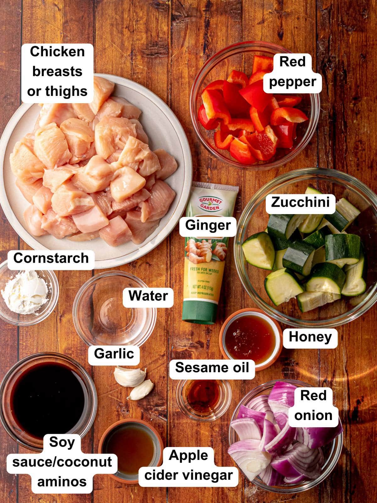 Ingredients for teriyaki chicken kabobs laid out on a wooden surface.