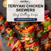 Grilled teriyaki chicken skewers with zucchini and red onion, labeled as an easy grilling recipe.