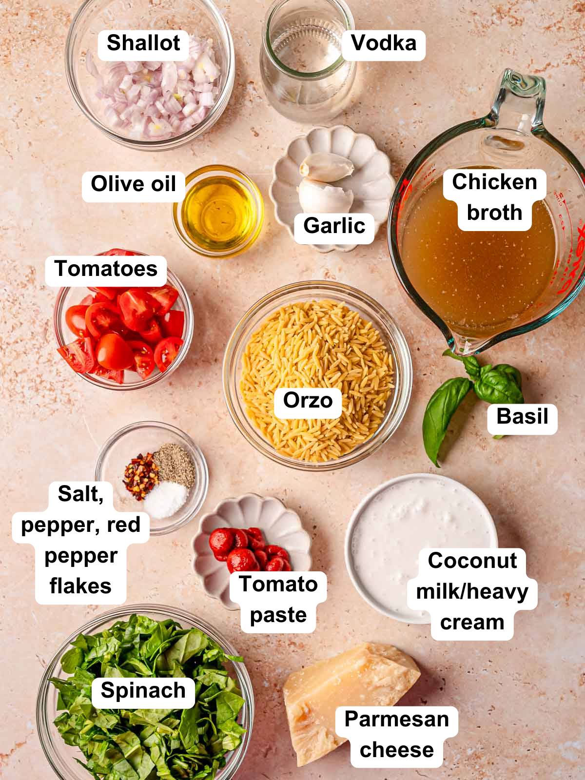 Labeled ingredients for creamy tomato vodka orzo including orzo pasta, tomatoes, garlic, vodka, spinach, and heavy cream.