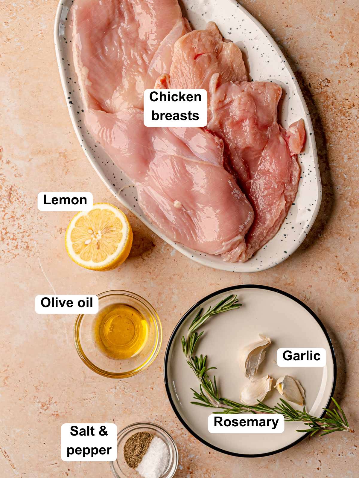 Ingredients to make grilled chicken breasts.