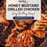 Pinterest graphic for honey mustard grilled chicken with text overlay and recipe link.