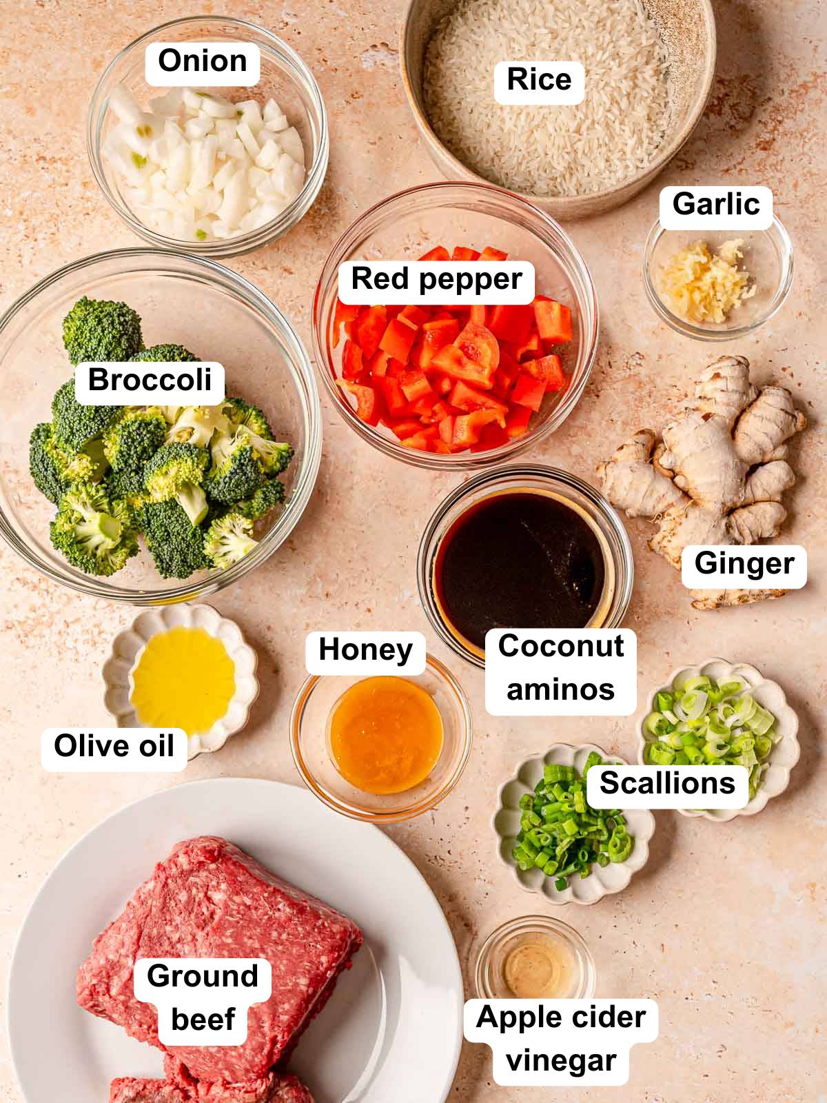 Labeled ingredients for teriyaki beef bowls including ground beef, rice, broccoli, red pepper, onion, garlic, ginger, and coconut aminos.