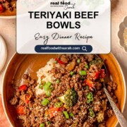 Pinterest graphic for teriyaki beef bowls with text overlay and recipe title from Real Food with Sarah.