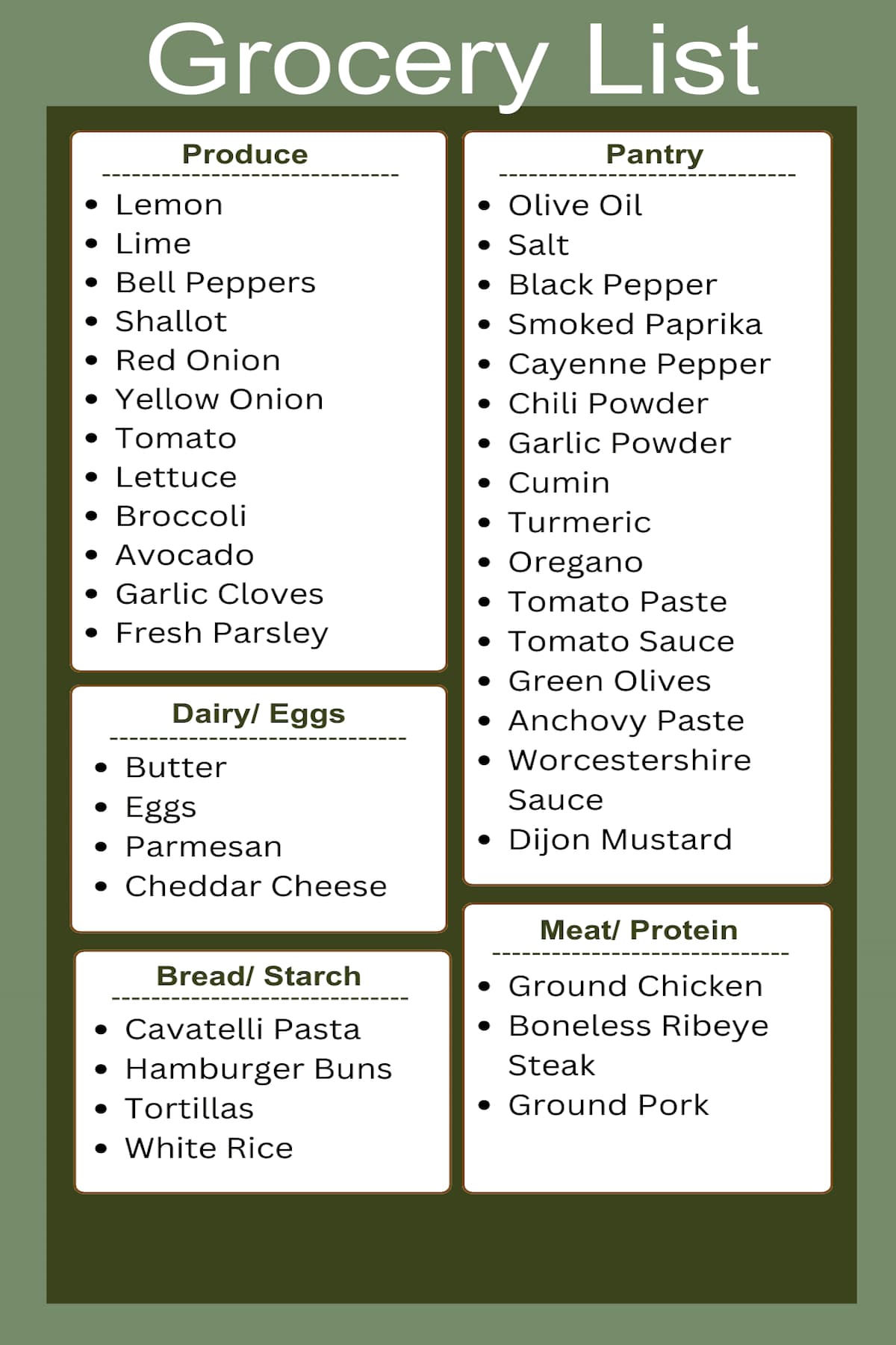 Grocery list organized by category for the featuring ingredients for produce, pantry, dairy, bread, and meat sections on a green background.