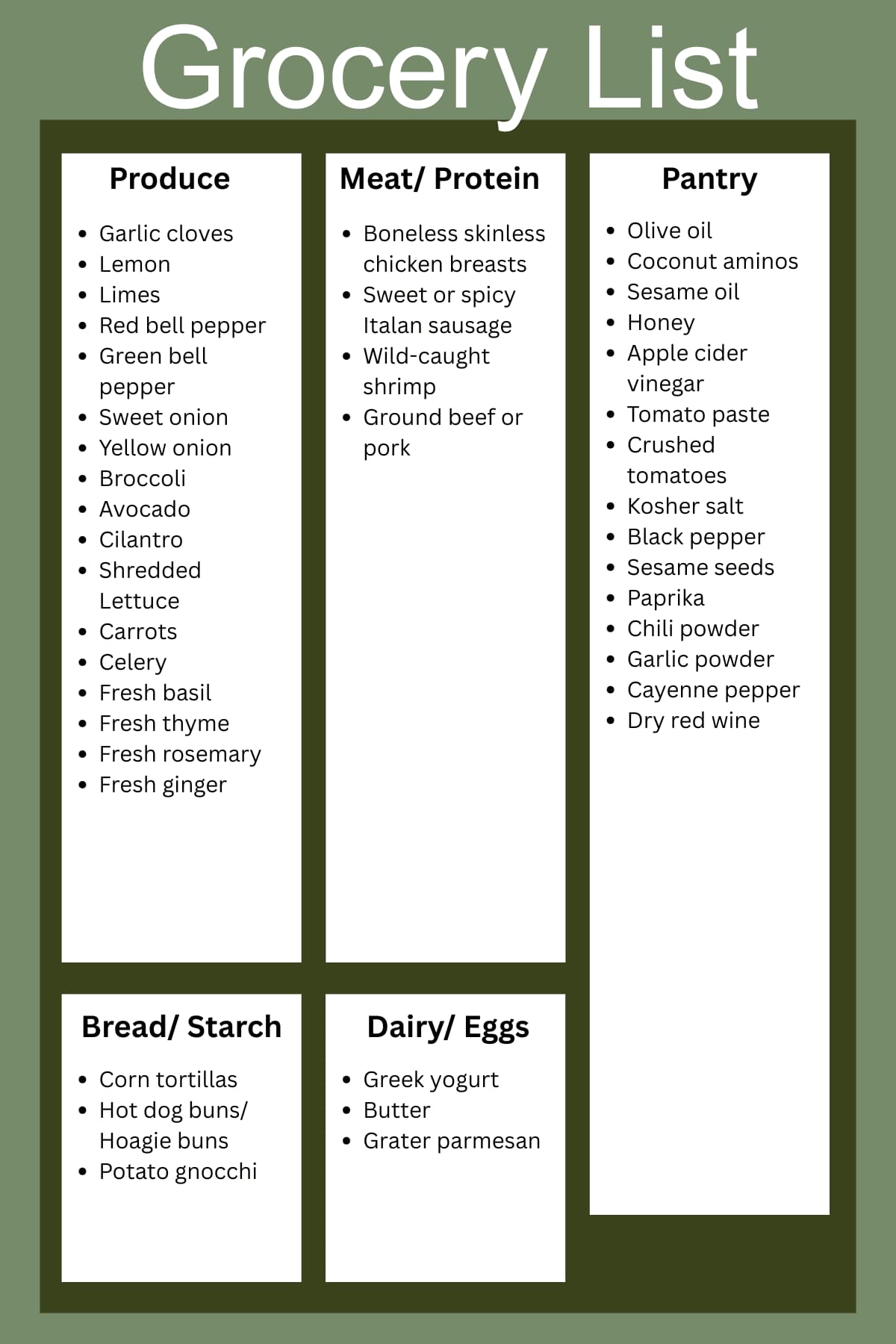 Printable grocery list for weekly meal plan organized by category including produce, meat, pantry items, bread, and dairy on a green background.