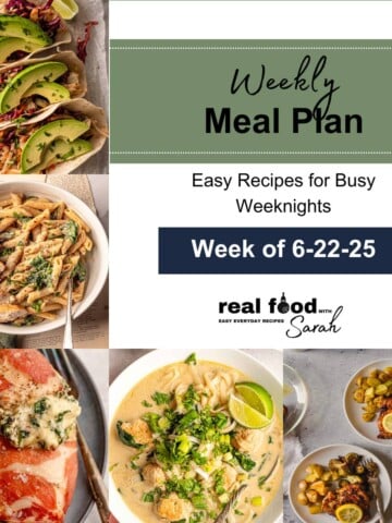 Collage of five dinner recipes including Korean beef tacos, garlic parmesan chicken pasta, prosciutto-wrapped chicken with broccolini, Thai green curry meatball soup, and lemon pepper chicken thighs with roasted potatoes.