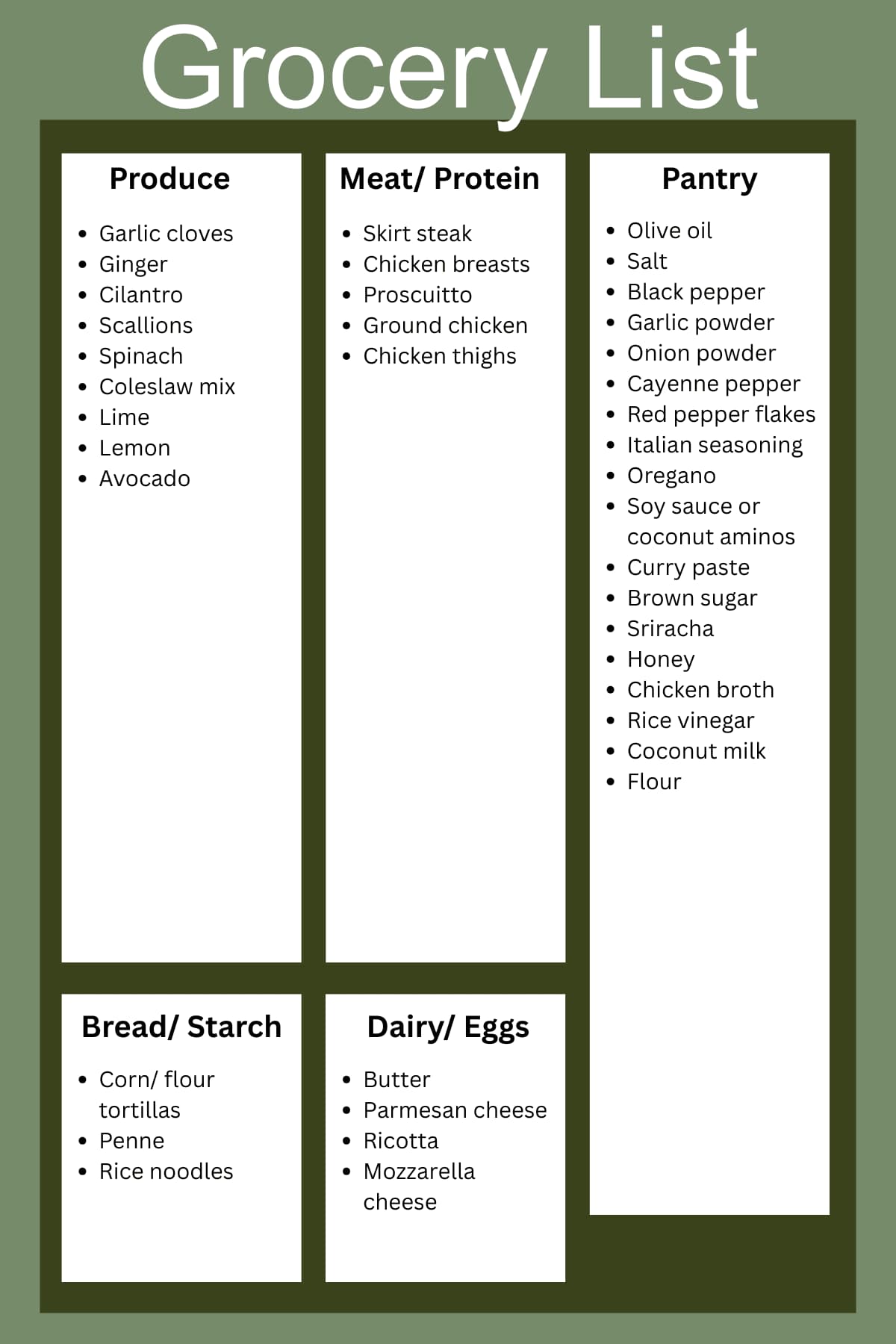 Grocery list organized by category for the 6-22-25 meal plan with sections for produce, meat, pantry staples, dairy, and starches on a green background.