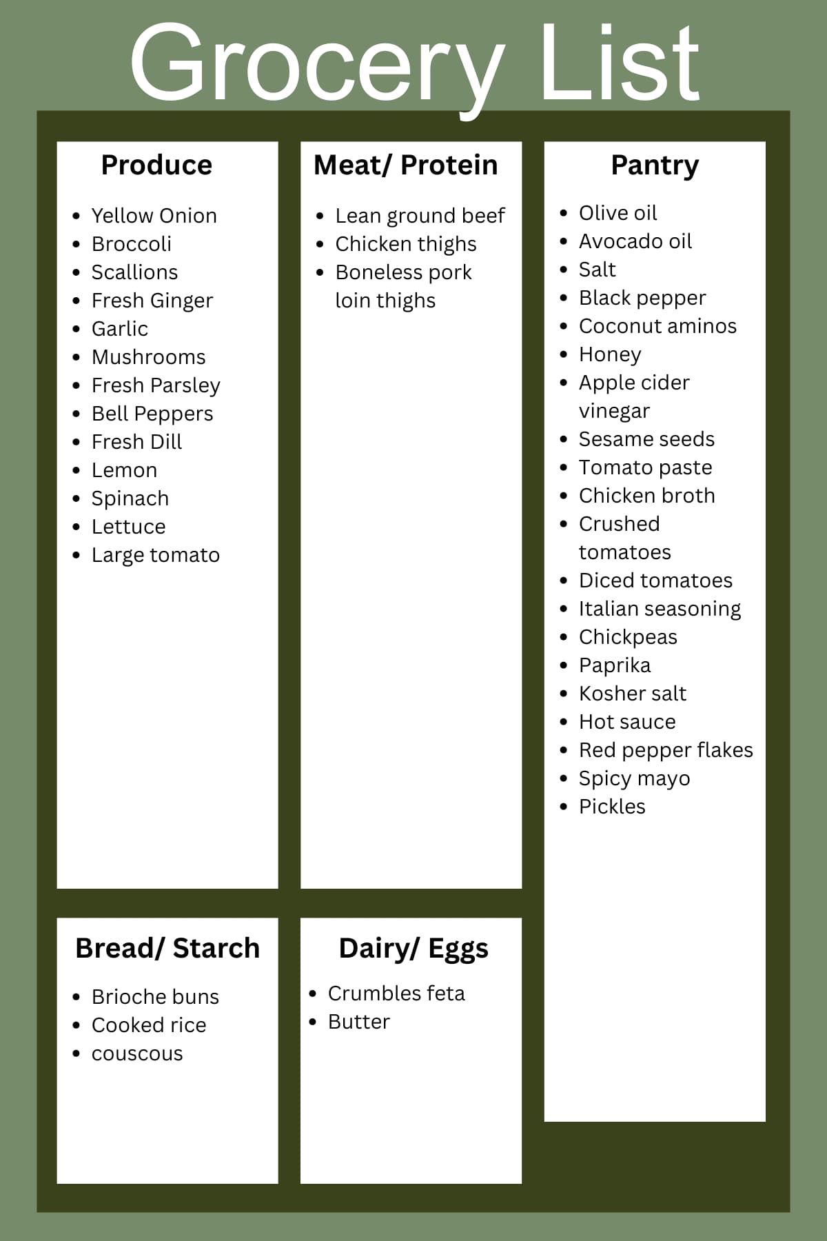Grocery list graphic with categories for produce, meat/protein, pantry, bread/starch, and dairy/eggs. Ingredients include yellow onion, chicken thighs, couscous, coconut aminos, and crumbled feta, all on a green background with bold white text reading “Grocery List.”