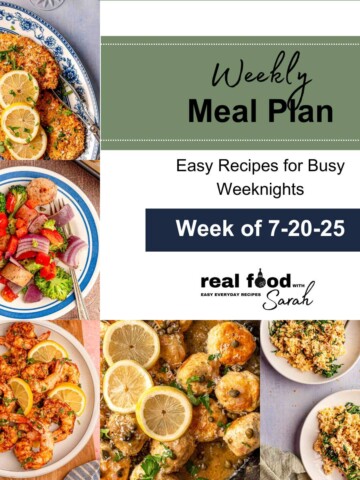 Collage of 5 summer dinner recipes including crispy air fryer chicken, sausage and veggie sheet pan, lemon shrimp, chicken piccata meatballs, and lemon ricotta pasta. Text reads: Weekly Meal Plan for 7-20-25.