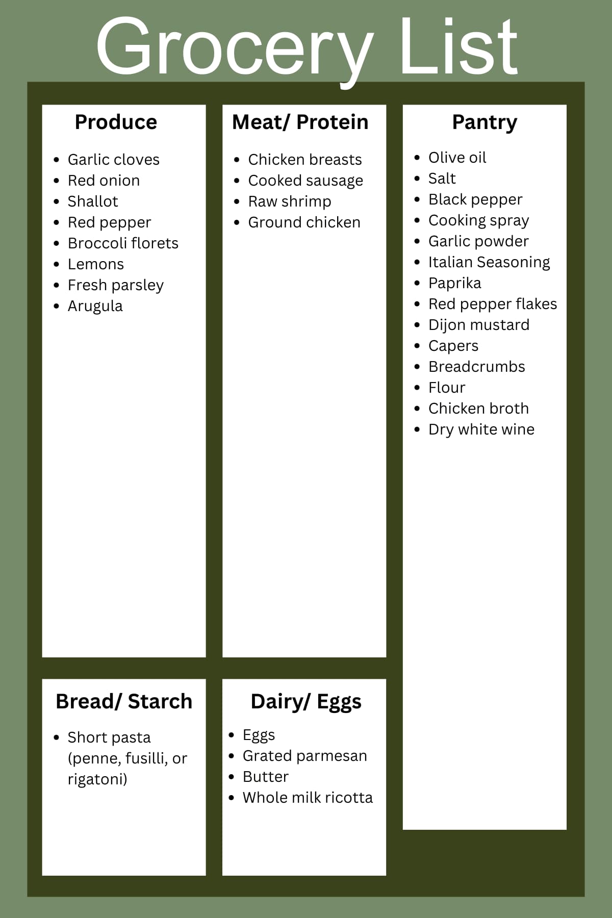 Grocery list for week of 7-20-25.