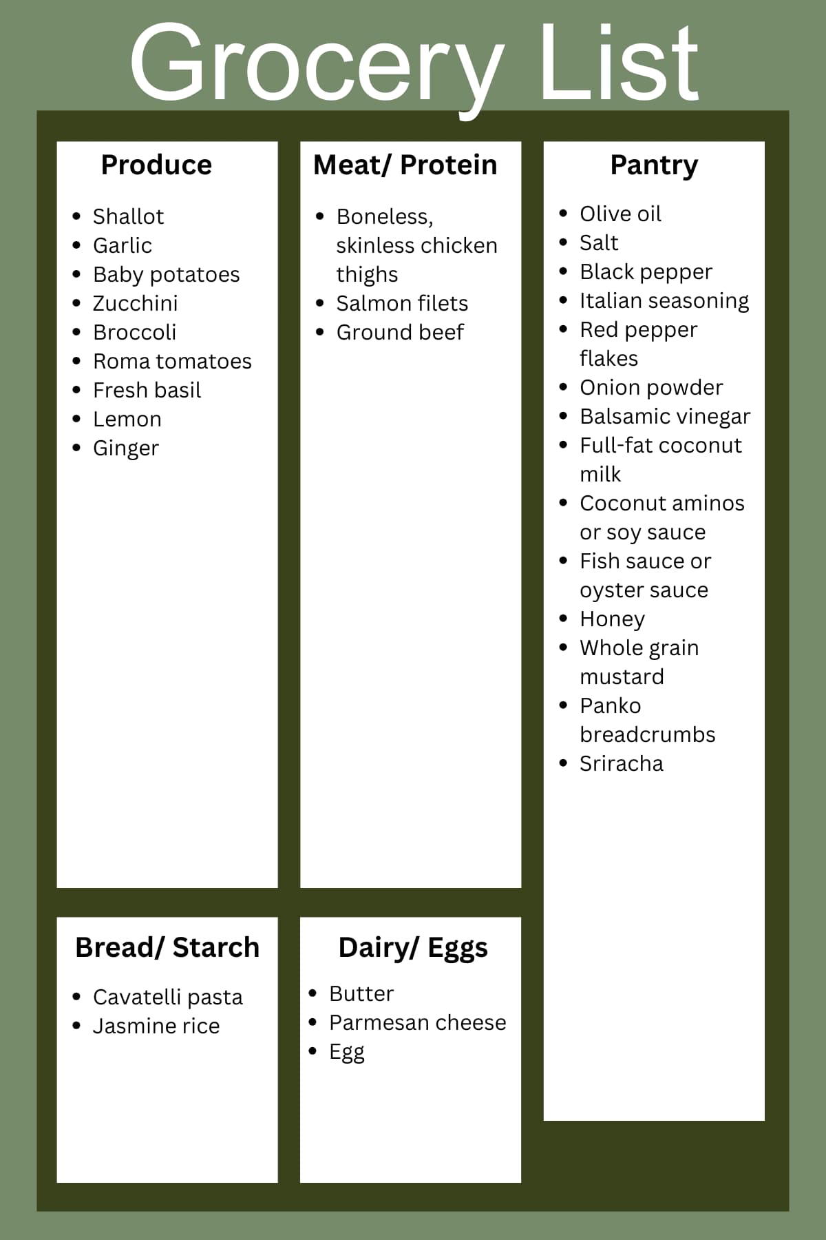 Organized grocery list divided by category including Produce, Meat/Protein, Pantry, Bread/Starch, and Dairy/Eggs, set against a green background.