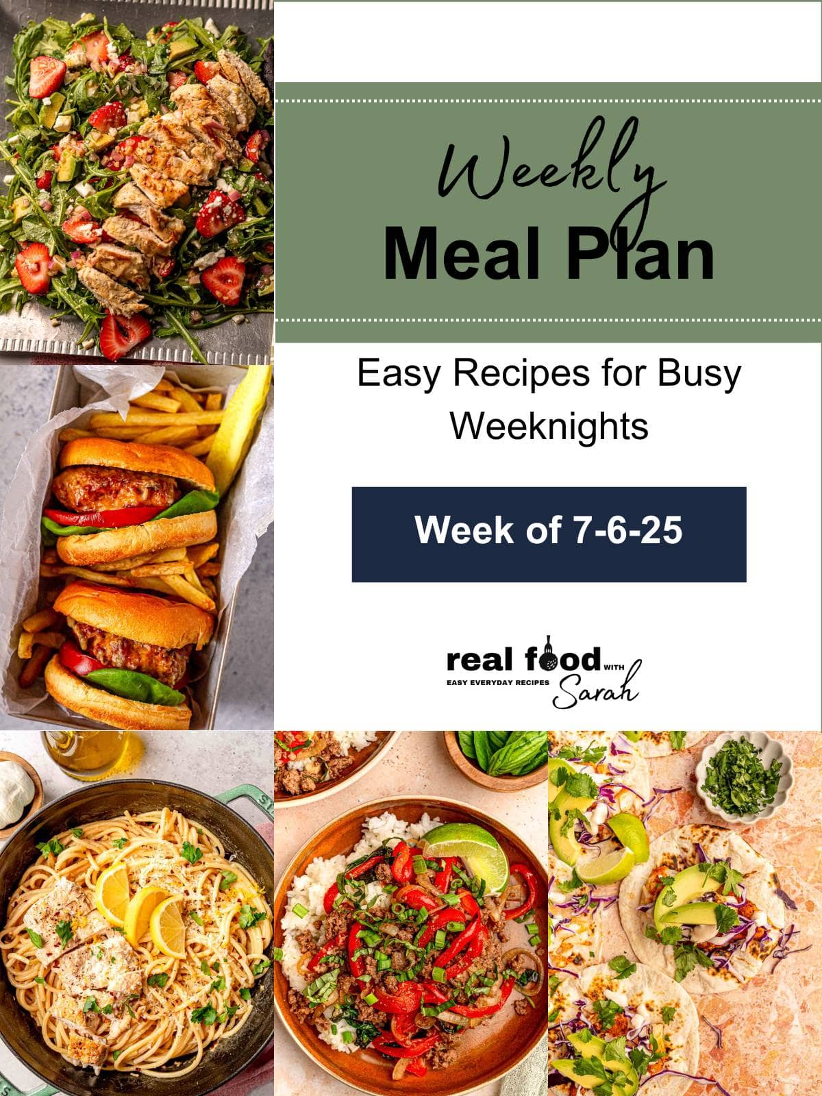 Collage image showing five colorful summer weeknight dinners: chicken strawberry salad, turkey burgers with fries, creamy lemon pasta, Thai basil beef over rice, and cod fish tacos.