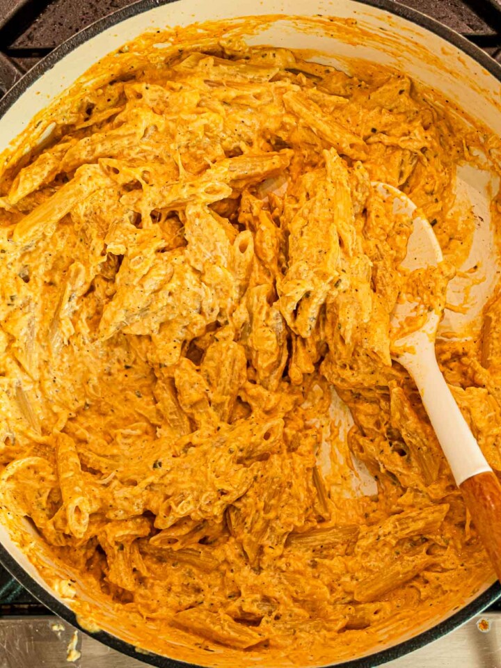 Penne pasta coated in a creamy buffalo chicken sauce inside a Dutch oven.