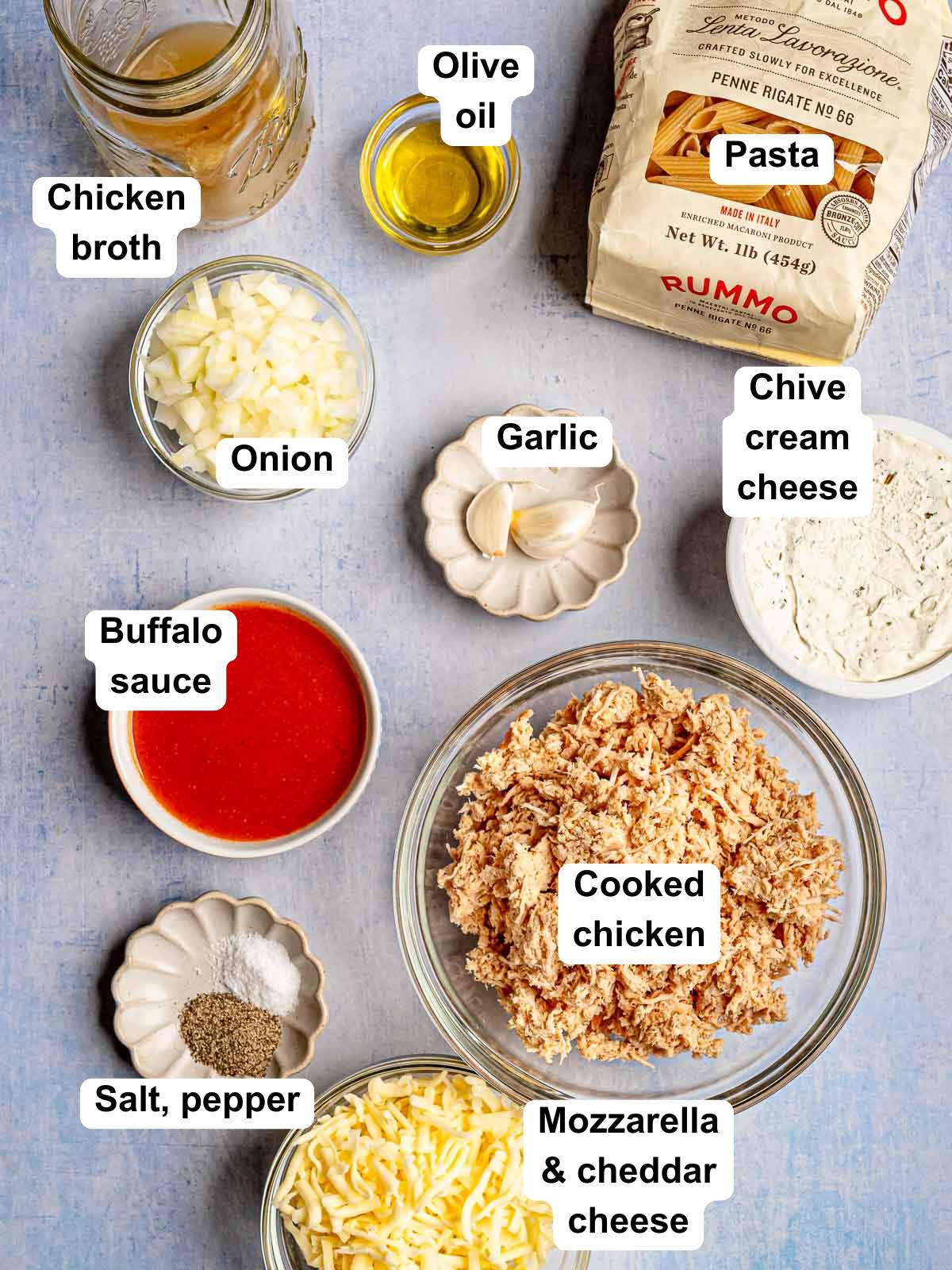 Labeled ingredients for buffalo chicken pasta including pasta, buffalo sauce, chicken, cheese, onion, garlic, and broth.