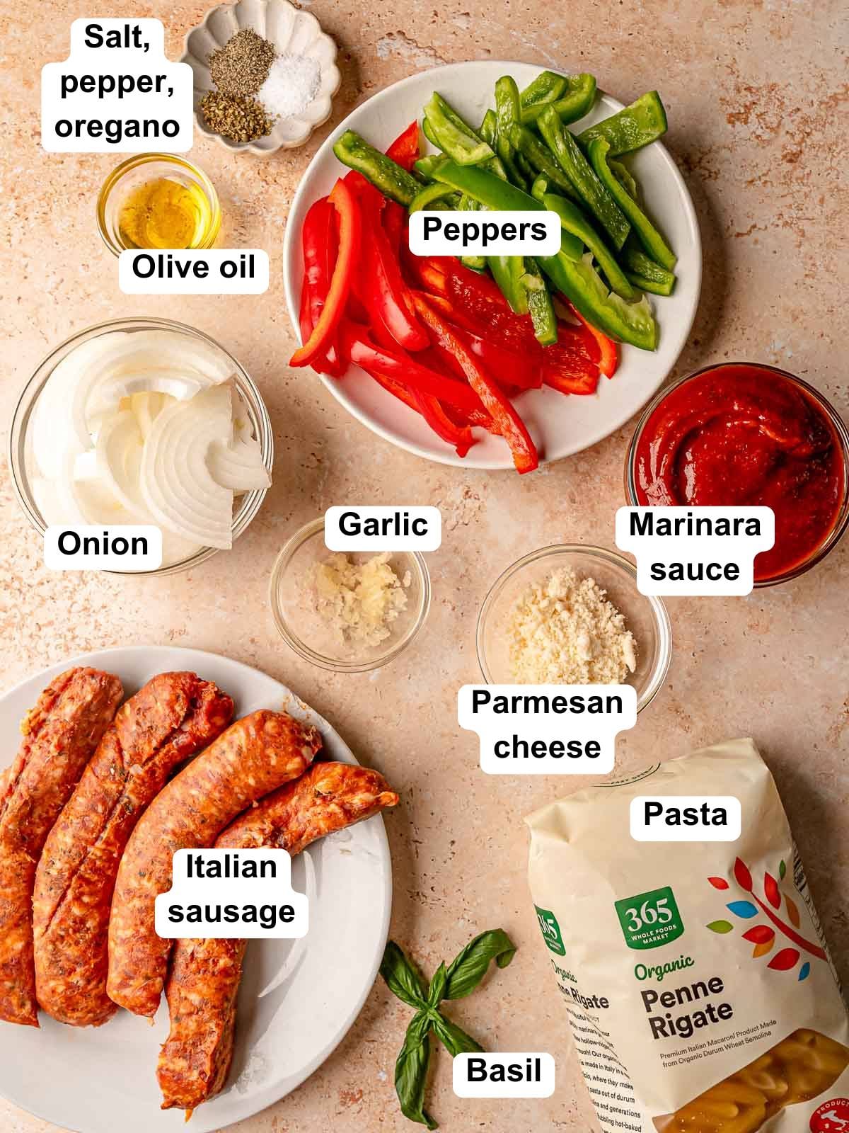 Ingredients for sausage and peppers pasta.