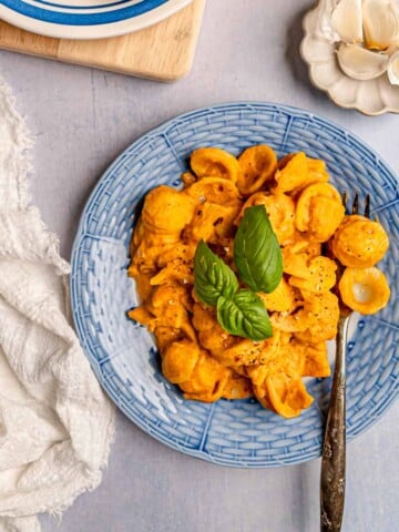 Orecchiette pasta in a creamy pumpkin sauce topped with basil, served on a blue plate with fork.