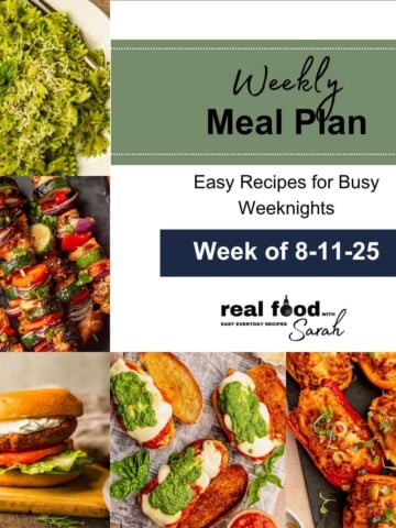 Weekly meal plan collage with pesto pasta, teriyaki chicken kabobs, salmon burgers, chicken parmesan sandwiches, and stuffed peppers. Text overlay: “Weekly Meal Plan – Week of 8-11-25.”