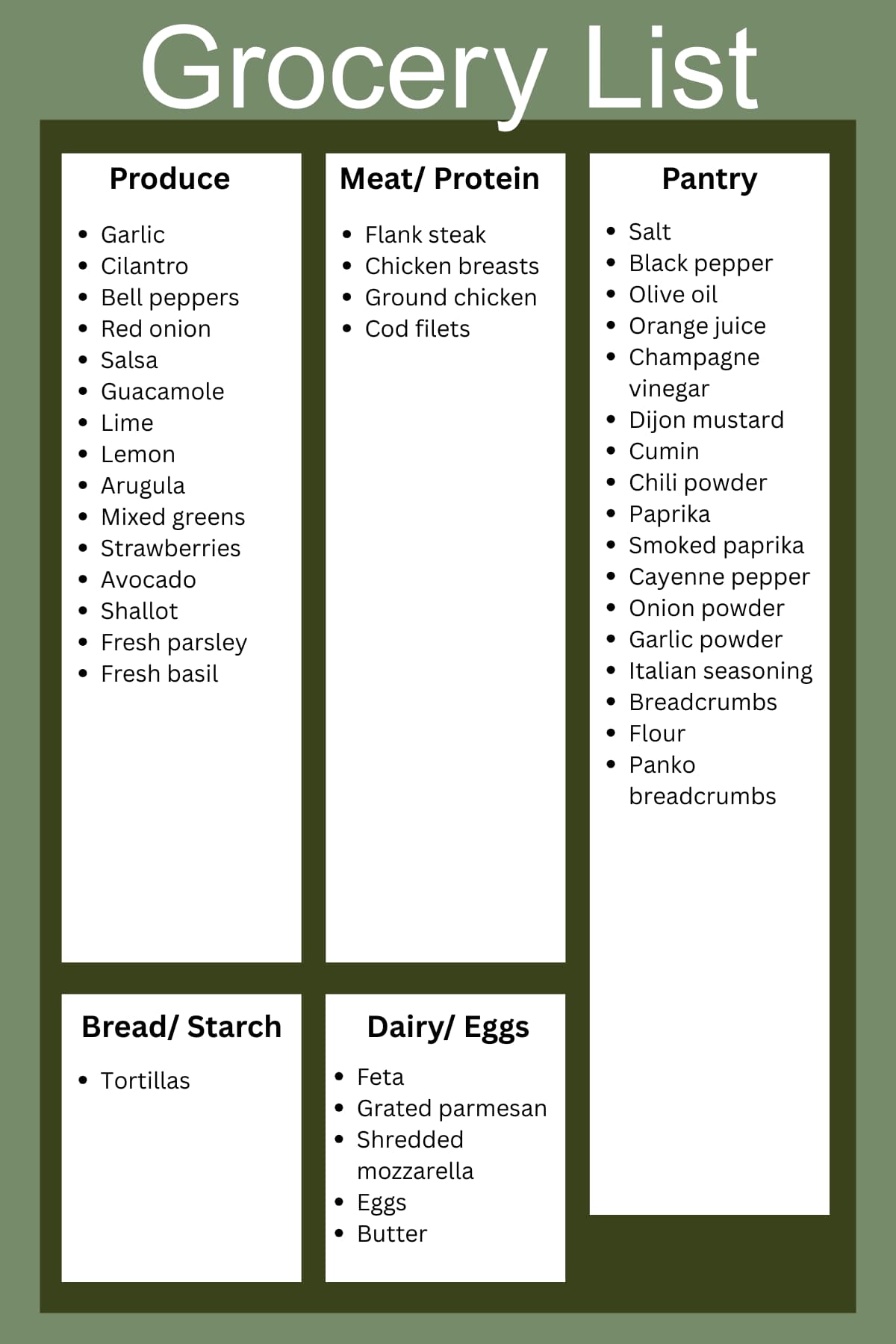 Printable grocery list for the weekly meal plan including produce, meats, pantry staples, dairy, and tortillas.