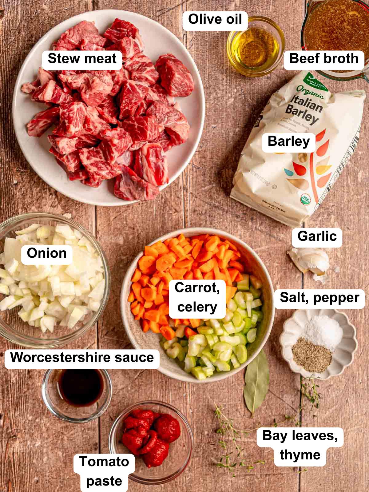 Ingredients for beef and barley soup.