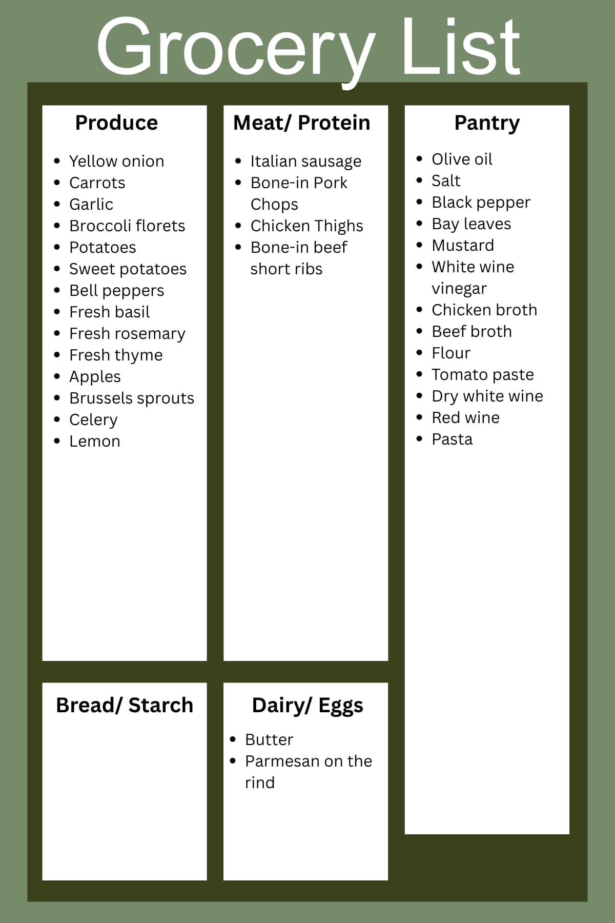 Weekly grocery list for the meal plan organized by categories: produce, meat, pantry, bread, and dairy.