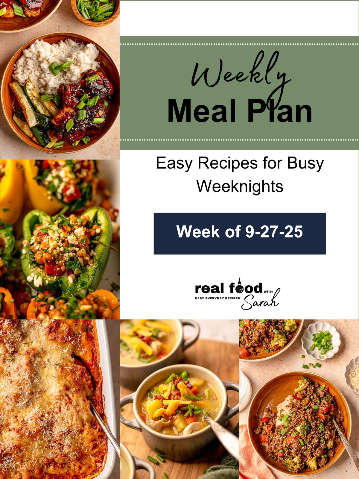 Collage of five dinners: honey garlic chicken thighs with rice and zucchini, couscous stuffed peppers with herbs and feta, baked stuffed shells with melted cheese, chicken potato soup in bowls, and teriyaki ground beef bowls with broccoli and rice, with text “Weekly Meal Plan – Week of 9-27-25.”